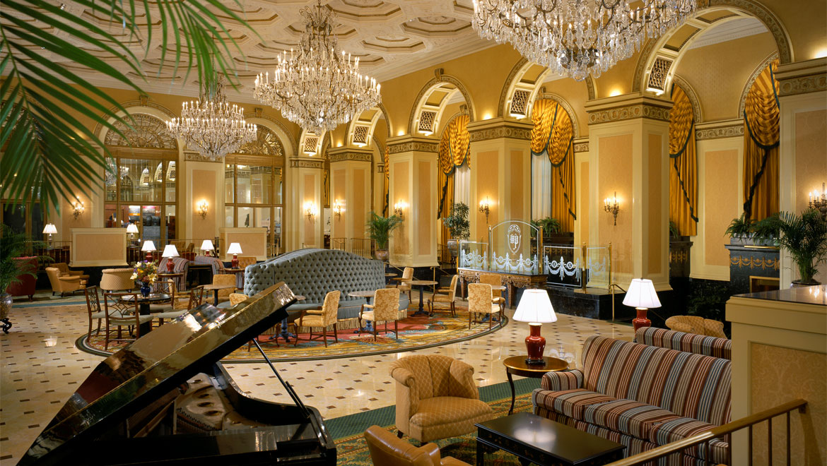 The lobby of the Omni William Penn Hotel